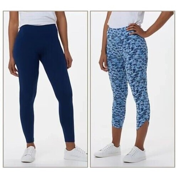 Set of 2 Leggings Cuddl Duds ~ sz S Flexwear Navy Texture Blue Print A391311 - Picture 1 of 4